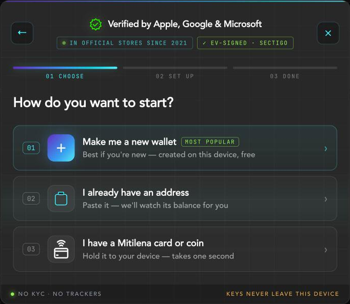 “How do you want to start?” screen with “Create a new wallet”