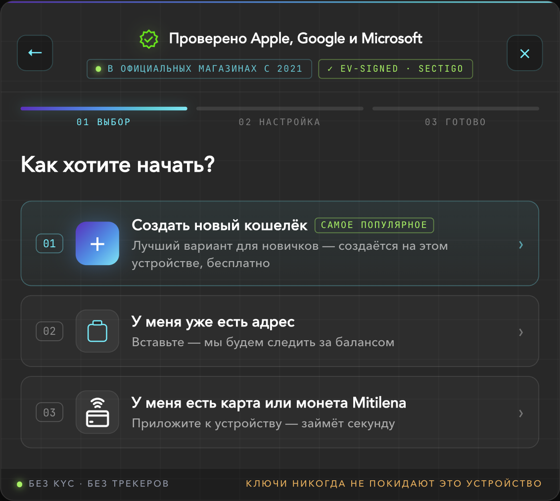 “How do you want to start?” screen with “Create a new wallet”